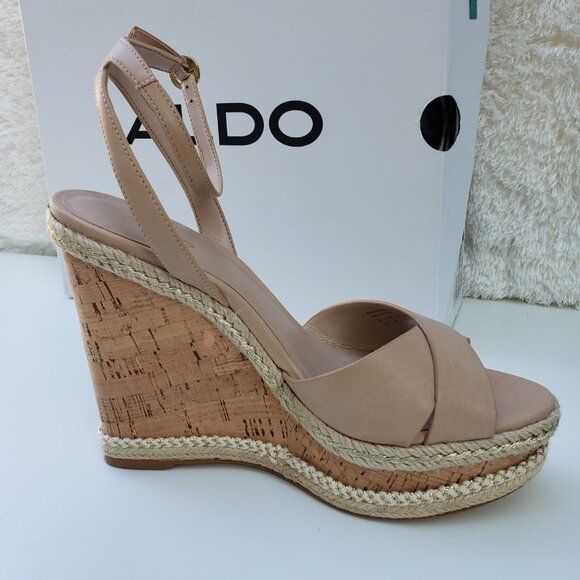 NEW ALDO PLATFORM WEDGE HEELS SANDALS, Leather, Beige, Women's shoes Size 10 - Picture 8 of 11